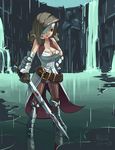  2013 beatrix belt breasts brown_hair cleavage dated eyepatch final_fantasy final_fantasy_ix gauntlets gloves greaves hand_on_hip highres junkpuyo large_breasts long_hair pantyhose rain save_the_queen solo sword weapon wet 