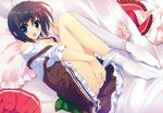  1girl :d absurdres ahoge aqua_eyes bare_shoulders bed_sheet black_hair blush dengeki_hime fang feet fetal_position highres hoshizora_e_kakaru_hashi lying naturalton no_shoes off_shoulder official_art open_mouth panties panties_around_leg panty_pull pillow pink_panties skirt skirt_removed smile sock_pull solo thighhighs underwear white_legwear yocchan 