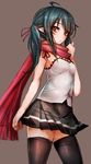 ahoge black_hair borrowed_character camisole covered_navel highres long_hair looking_at_viewer nemurime original pleated_skirt pointy_ears red_eyes red_scarf scarf simple_background sketch skirt solo taishi_(picchiridou) thighhighs twintails zettai_ryouiki 
