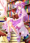  artist_name bespectacled book capelet crescent curtains glasses hat long_hair patchouli_knowledge purple_eyes purple_hair shoes sitting solo touhou villyane window 