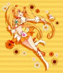  blonde_hair blush boots bow choker cure_sunshine flower hair_ribbon heart heartcatch_precure! knee_boots long_hair magical_girl midriff myoudouin_itsuki navel open_mouth orange_bow orange_choker potpourri_(heartcatch_precure!) precure ribbon sikuhima skirt solo sunflower twintails yellow_background yellow_bow yellow_eyes 