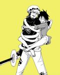  2boys hat hug jolly_roger kurokana0721 male male_focus monkey_d_luffy multiple_boys one_piece rubber sheath sheathed smile stretch trafalgar_law yellow_background 