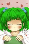  blush closed_eyes gaoo_(frpjx283) green_hair hair_bobbles hair_ornament heart highres incoming_kiss kisume short_hair touhou twintails 