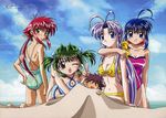  ;d absurdres aihara_kaori_(mamotte_shugogetten!) antenna_hair bannanchiten_kiryuu beach bikini blue_hair breasts character_doll cleavage day front-tie_top green_hair hair_intakes highres kneeling lying mamotte_shugogetten! medium_breasts multiple_girls navel official_art on_stomach one-piece_swimsuit one_eye_closed oonishi_youichi open_mouth purple_hair red_hair sand scan shichiri_tasuke shugogetten_shaolin sitting smile swimsuit v yamanobe_shouko 