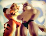  &lt;3 abs anthro beach biceps blue_eyes canine clothing cloud clouds couple crossed_arms cute eye_patch eyes_closed eyewear feline fur hair humbuged humplex joh29 looking_at_viewer male mammal muscles outside pecs penis pose seaside sky smile tiger toraz white_fur wolf zulf 