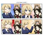  4koma :i :p :t black_neckwear blonde_hair blue_eyes blue_sweater braid brown_hair carrying closed_eyes comic cookie darjeeling dress_shirt drooling eating fang food girls_und_panzer highres holding jacket katyusha long_hair military military_uniform multiple_girls necktie nonna one_eye_closed open_mouth pout pravda_school_uniform recurring_image school_uniform shirt short_hair shoulder_carry silent_comic smile sparkle st._gloriana's_school_uniform sweater tongue tongue_out translated trolling uniform v-neck white_shirt youmou_usagi 