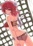  ass back bandages bra breasts bun_cover butt_crack double_bun ibaraki_kasen lace lace_panties large_breasts looking_at_viewer looking_back panties purple_panties red_bra red_eyes red_hair see-through solo touhou traditional_media underboob underwear underwear_only wakura_(gcdan) watercolor_(medium) 