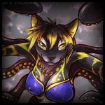  body_markings breasts cat feline female hair hybrid looking_at_viewer mammal markings nipples portrait smile solo tentacles two_tone_hair velociawesome yellow_eyes 