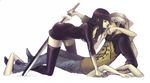  1girl black_hair denim duo femdom hana_hana_no_mi hand_over_mouth hat hood hoodie jeans nico_robin one_piece pants raglan_sleeves restrained sword thighhighs trafalgar_law weapon 