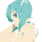  3aya_n :o aqua_eyes aqua_hair body_writing flat_color from_side hatsune_miku k-on! lowres nail_polish no_lineart profile simple_background solo star tattoo twintails vocaloid white_background 
