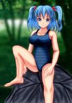  blue_eyes blue_hair forest hair_bobbles hair_ornament highres kawashiro_nitori kikyo nature no_hat no_headwear one-piece_swimsuit rock short_hair smile solo swimsuit touhou tree two_side_up 