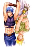  abs blonde_hair blue_eyes blue_hair caesar_anthonio_zeppeli crop_top facial_mark feathers fingerless_gloves gloves green_eyes hair_feathers headband jojo_no_kimyou_na_bouken joseph_joestar_(young) kurenai_karasu male_focus midriff multiple_boys muscle upside-down 