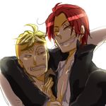  2boys blonde_hair jacket male male_focus marco multiple_boys one_piece red_hair scar shanks smile 