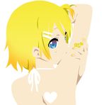 3aya_n arm_up back bare_shoulders blonde_hair blue_eyes bodypaint covered_mouth from_behind hair_ornament hairclip heart k-on! kagamine_rin looking_back lowres short_hair simple_background solo tattoo vocaloid 