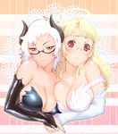  :&lt; angel asymmetrical_docking bare_shoulders black_gloves blonde_hair breast_press breasts bridal_gauntlets cleavage demon_girl glasses gloves halo holding_hands horns large_breasts long_hair multiple_girls original pointy_ears red_eyes rimless_eyewear semi-rimless_eyewear short_hair smile strap_slip ueyama_michirou under-rim_eyewear white_gloves white_hair yellow_eyes 