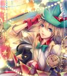  black_cat blonde_hair blue_eyes bow bowtie cat checkered checkered_floor fingerless_gloves gloves hat highres ln male_focus niconico smile solo stopwatch suspenders top_hat valshe watch 
