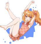  :3 :d alternate_hairstyle amatsuka_mao armpits arms_up barefoot blush casual_one-piece_swimsuit fang feet gj-bu hair_flaps hair_ribbon leg_lift long_hair looking_at_viewer one-piece_swimsuit open_mouth orange_eyes orange_hair ribbon smile solo swimsuit twintails youkan 