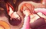  1boy 1girl black_hair duo formal monkey_d_luffy nami nami_(one_piece) one_piece one_piece:_strong_world orange_hair sleeping tattoo 