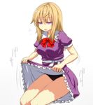  black_panties blonde_hair bow breasts dress dress_lift jitome long_hair maribel_hearn medium_breasts open_mouth panties pantyshot pantyshot_(sitting) puffy_sleeves purple_eyes purple_skirt sash short_sleeves sitting skirt solo sweat tori_(minamopa) touhou underwear 