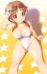  arm_support breasts brown_eyes brown_hair casual_one-piece_swimsuit cleavage crescent_moon earrings eyewear_on_head from_above groin highleg highleg_swimsuit highres idolmaster idolmaster_cinderella_girls jewelry katagiri_sanae large_breasts long_hair low_twintails moon one-piece_swimsuit onsoku_maru short_twintails sitting smile solo sunglasses swimsuit thighs twintails 