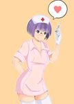  1girl bangs blush breasts cleavage drawfag dress elite_four glasses gloves hat heart highvoltage joltik_(artist) nurse nurse_cap orange_background pokemon pokemon_(game) pokemon_bw purple_eyes purple_hair shikimi_(pokemon) short_hair simple_background smile solo standing thighhighs white_legwear 