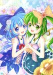  adapted_costume blue_eyes blue_hair bow cheek-to-cheek cirno daiso daisy daiyousei dress fairy_wings floral_background flower green_eyes green_hair hair_bow hair_flower hair_ornament hand_on_another's_shoulder holding_hands interlocked_fingers jewelry looking_at_viewer morning_glory multiple_girls necklace open_mouth short_hair side_ponytail sleeveless sleeveless_dress snowflakes sparkle touhou wings 