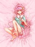  barefoot bed bloomers hairband heart komeiji_satori lying ma_nyan_(nyao_mao_nyao) pink_eyes pink_hair short_hair smile solo third_eye touhou underwear 