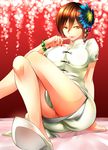  ada_wong bracelet breasts brown_eyes brown_hair china_dress chinese_clothes crossed_legs dress finger_to_mouth fingernails flower hair_flower hair_ornament jewelry large_breasts nagare nail_polish resident_evil resident_evil_6 shirt shoes short_hair sitting solo taut_clothes taut_shirt tongue 