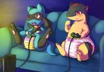  bulge canine cub diaper female game_pad gaming invalid_tag jackal lucario male mammal multitasking mustelid night nintendo one_eye_closed open_mouth peeing pink pok&#233;mon pok&eacute;mon porcupine quilava raccoon red_eyes riolu rodent ruugiaruu sitting sofa urine video_games watersports weasel wet wetting while_playing_videogame wink x-box young 