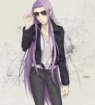 breasts casual cleavage fashion fate/stay_night fate_(series) long_hair mmm_(xbit) purple_hair rider small_breasts solo sunglasses very_long_hair 