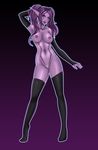  elf female front_view gradient_background hair humanoid looking_at_viewer night_elf nipples not_furry nude plain_background pose purple_hair purple_skin pussy rubber sleeves smirk solo standing video_games warcraft world_of_warcraft yuviel 