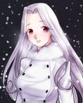  blush breasts breath fate/zero fate_(series) fur_coat irisviel_von_einzbern long_hair long_sleeves medium_breasts red_eyes silver_hair snowing solo tusk0315 