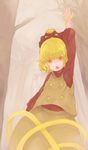  blonde_hair hanging kurodani_yamame ma_nyan_(nyao_mao_nyao) open_mouth short_hair solo thread touhou tree yellow_eyes 