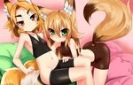  absurdres animal_ears bike_shorts blush brown_eyes brown_hair eyebrows fox_ears fox_tail green_eyes groin haik highres kokonoe_tsubaki kurenai_tsubaki long_hair lowleg multiple_girls navel orange_hair original tail 