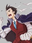  ahoge angry bad_id bad_pixiv_id bandage_over_one_eye bandages black_eyes black_hair blue_neckwear clenched_hands eyepatch grey_background gyakuten_saiban gyakuten_saiban_5 jacket_on_shoulders male_focus necktie odoroki_housuke open_mouth pants solo zawadoron 