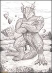  blank_eyes claws dragon horn humanoid looking_at_viewer male monochrome muscles rock rollwulf scales scalie smile spikes thick_tail 