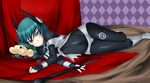  bad_id bad_pixiv_id bodysuit boots borrowed_character fingerless_gloves gloves green_hair hair_ornament hati105 looking_at_viewer lying menou_kaname on_side original solo turtle 