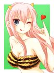  ;q \m/ animal_print bikini blue_eyes bra cosplay heart horns kazzha long_hair lum lum_(cosplay) megurine_luka nail_polish one_eye_closed pink_hair solo strapless swimsuit tiger_print tongue tongue_out underwear upper_body urusei_yatsura vocaloid 