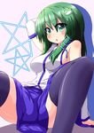  black_legwear blush breasts detached_sleeves frog_hair_ornament green_eyes green_hair hair_ornament kochiya_sanae long_hair medium_breasts open_mouth pentagram sitting skirt snake_hair_ornament solo thighhighs touhou yakumo_nanahara 