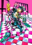  araki_hirohiko blue_hair bottle bowler_hat cat checkered checkered_floor diamond_wa_kudakenai formal gloves hat jojo_no_kimyou_na_bouken kira_yoshikage kishibe_rohan knife male_focus multiple_boys necktie non-web_source official_art suit 