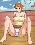  1girl bare_shoulders barefoot black_eyes blush breasts cleavage cloud feet jaya large_breasts looking_at_viewer miniskirt nami nami_(one_piece) one_piece orange_hair outdoors panties pantyshot pirate short_hair sitting skirt sky smile solo spread_legs tattoo toes underwear white_panties x_bokkis 