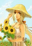  brown_eyes dress flower hat long_hair original ponytail solo sun_hat sundress sunflower zishanjiang 