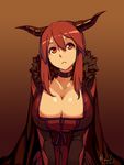  2013 breasts cape choker cleavage cleavage_cutout dated dress fur_trim gradient gradient_background horns junkpuyo large_breasts long_hair maou_(maoyuu) maoyuu_maou_yuusha red_eyes red_hair solo v_arms 