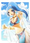  1girl :d alabasta arabian_clothes blue_hair breasts cleavage cloud earrings jewelry large_breasts long_hair looking_at_viewer midriff nanjoh33 navel necklace nefertari_vivi one_piece open_mouth ponytail purple_eyes smile solo 