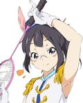  armpits asagiri_shiori badminton_racket band_uniform black_eyes black_hair cheerleader closed_mouth epaulettes face garrison_cap glasses gloves hat hat_feather majorette racket short_hair side_ponytail smile solo tamako_market umanosuke 