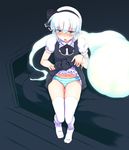  bad_id bad_pixiv_id bed blue_eyes dress dress_lift ghost highres hitodama inuga_anahoru konpaku_youmu konpaku_youmu_(ghost) on_bed panties short_hair silver_hair sitting socks solo striped striped_panties thighhighs touhou underwear white_legwear 