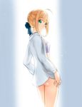  ahoge artoria_pendragon_(all) ass blonde_hair bottomless bow bra fate/stay_night fate_(series) from_behind green_eyes hair_bow highres looking_back open_clothes open_shirt saber shirt solo tusk0315 underwear 