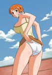  1girl ass breasts clenched_teeth cloud going_merry jaya large_breasts legs looking_back nami nami_(one_piece) one_piece orange_hair outdoors panties pantyshot pirate short_hair skirt skirt_lift sky smile solo standing tank_top tattoo teeth thighs underwear white_panties x_bokkis 