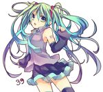  39 detached_sleeves green_eyes green_hair hatsune_miku kuroi_(liar-player) long_hair necktie open_mouth simple_background skirt solo thighhighs twintails very_long_hair vocaloid white_background 
