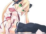  ass blonde_hair blush bow feet from_behind green_eyes highres long_hair looking_back lying misa_brigitta_cristelis necktie no_panties on_side ribbon school_uniform smile solo_focus thighhighs torinannkotsukushi twinkle_crusaders twinkle_crusaders_gogo! twintails 